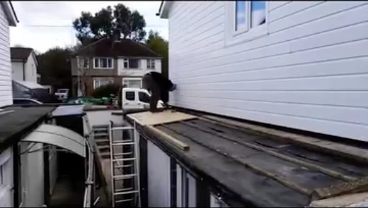 Flat roof beside a white clad building